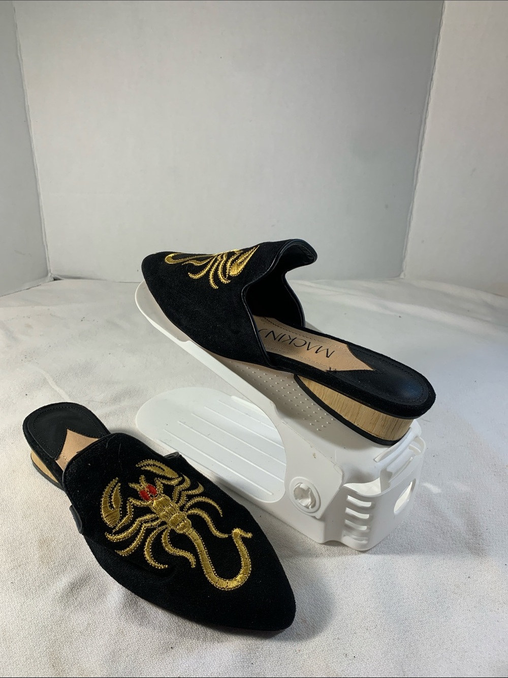 Mackin J Women’s Black Velvet Scorpion Embroidered Slip On Wooden Heel Mule